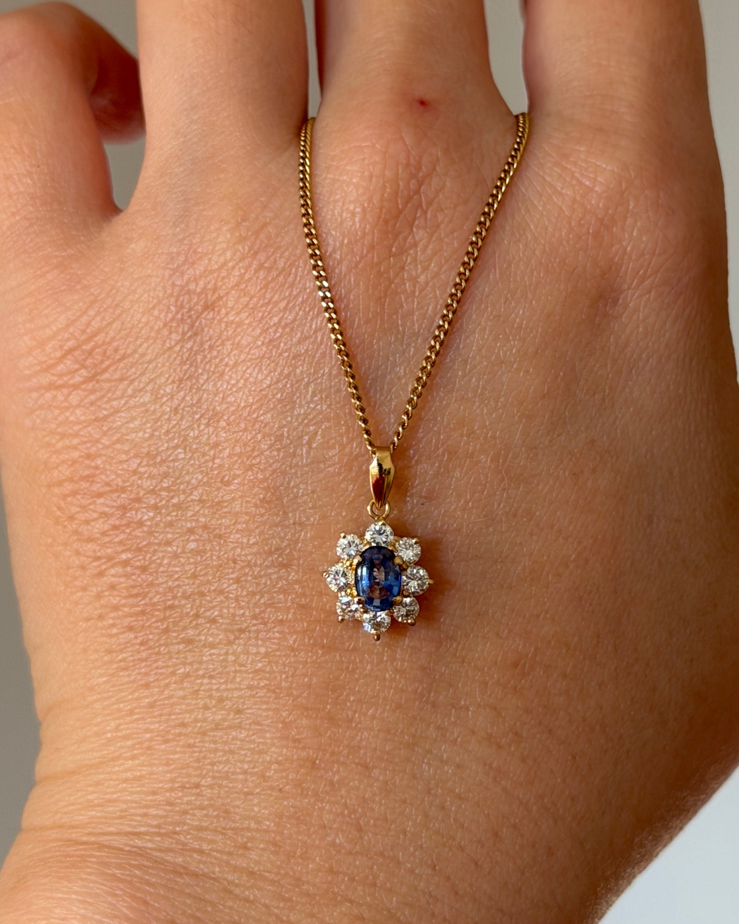 Vintage 18k Gold Medium Blue Oval Sapphire Diamond Halo Pendant