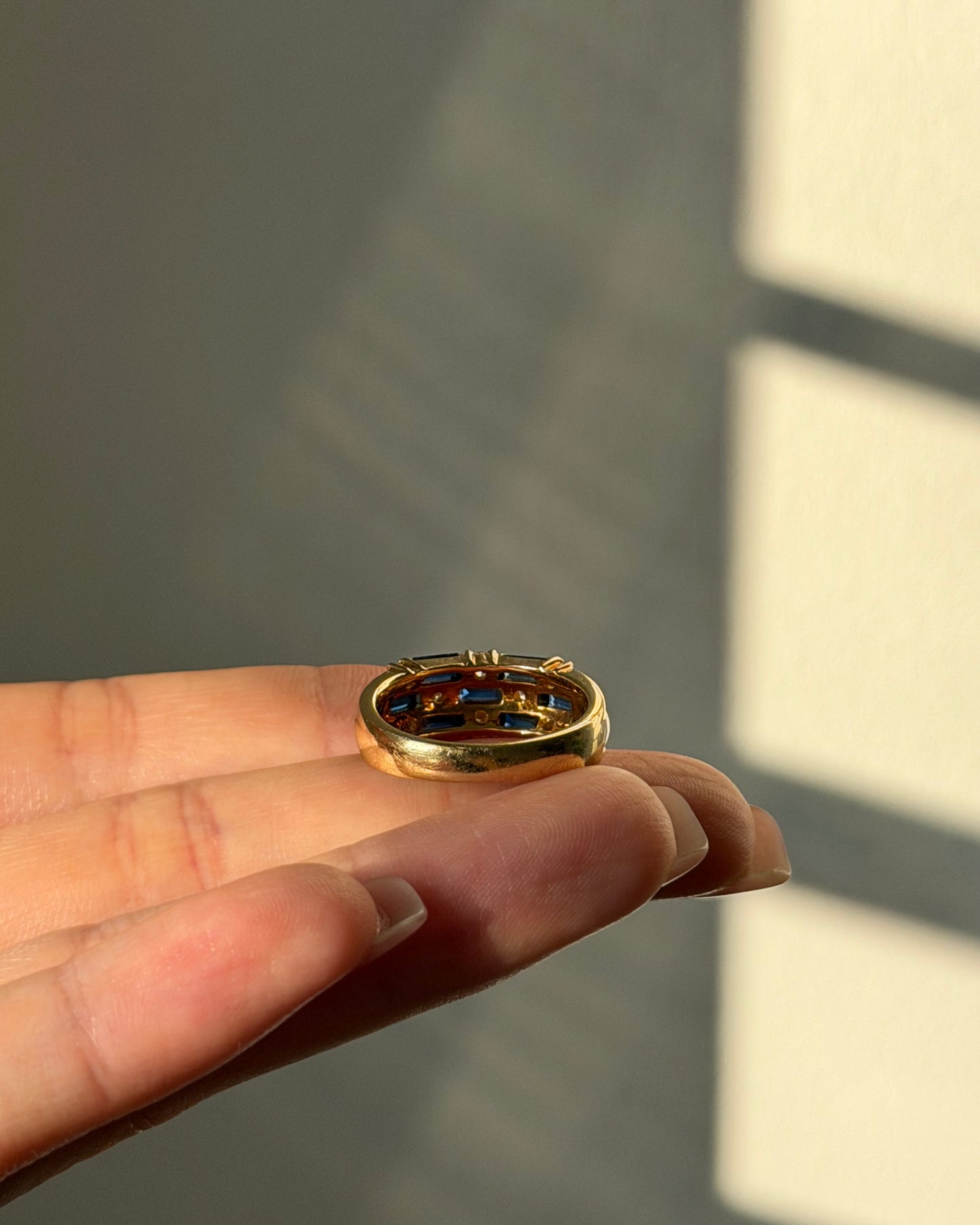Vintage 18k Gold Baguette Sapphire and Diamond Checkered Ring