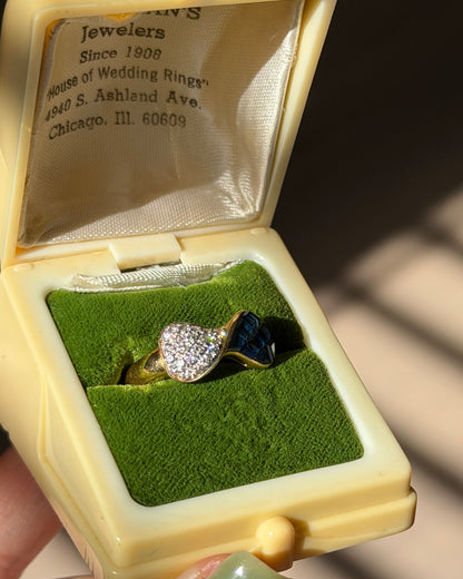 Vintage 18k Gold Invisible Set Sapphire and Pave Diamond Half & Half Bow Ring