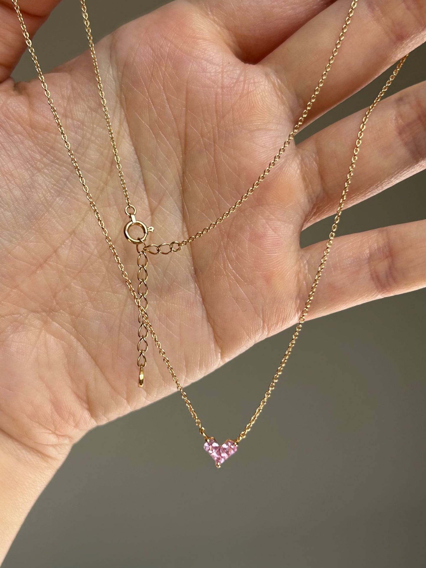 Modern 18k Gold Invisible Set Pink Sapphire Pixelated Heart Dainty Necklace