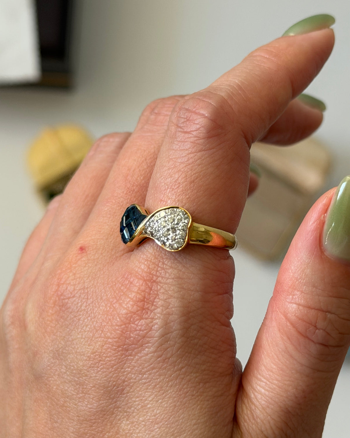Vintage 18k Gold Invisible Set Sapphire and Pave Diamond Half & Half Bow Ring