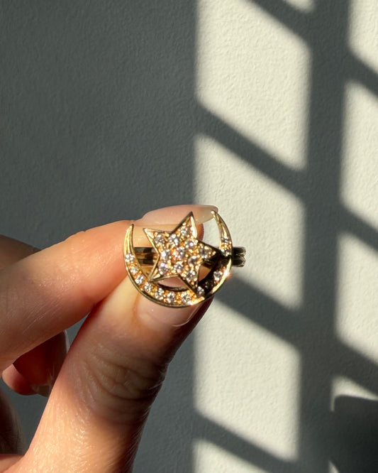 Vintage 18k Gold Diamond Moon and Star Celestial Spinner Ring
