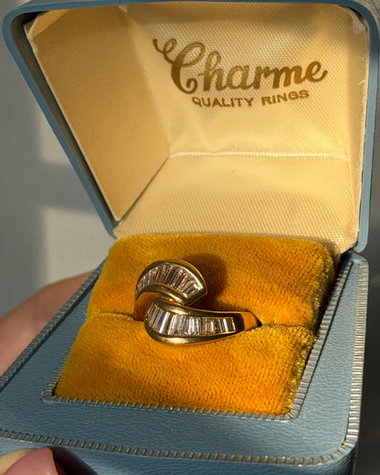 Vintage 18k Gold 1.07CTW Channel Set Baguette Diamond Bypass Ring