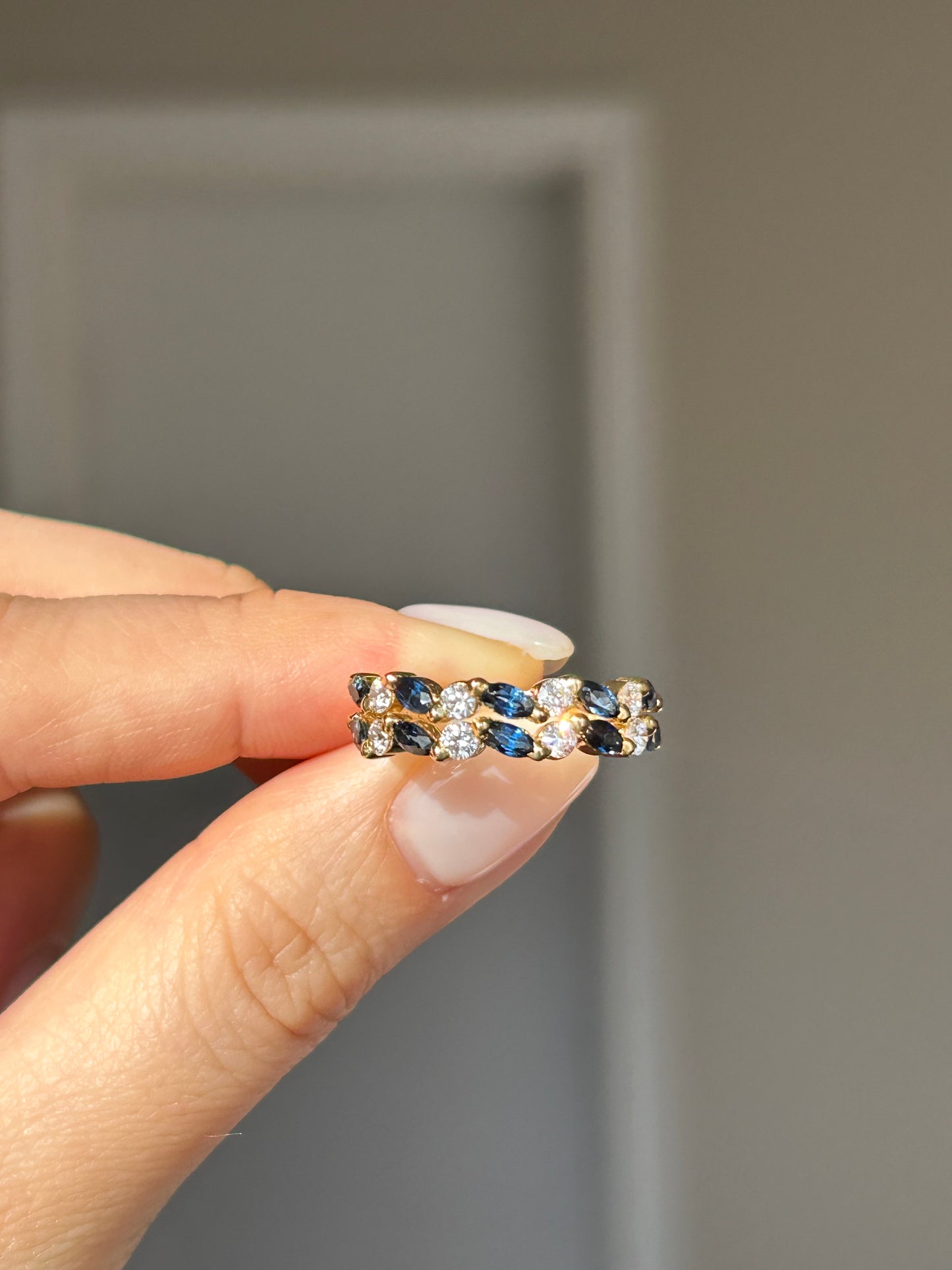 Vintage 18k sapphire marquise and diamond half eternity band
