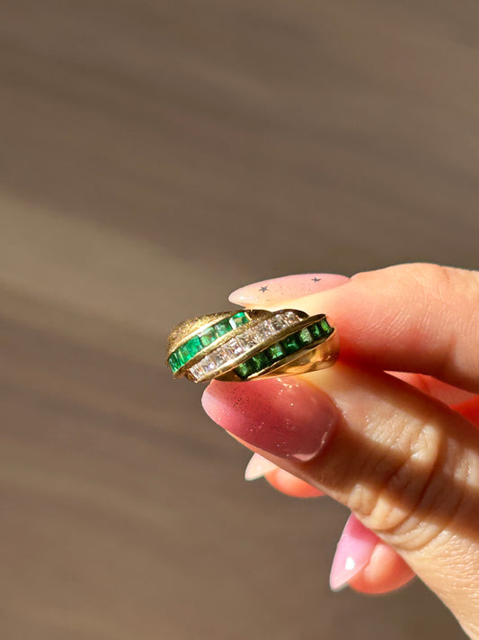 Vintage 18k Square Cut Emerald and Diamond Dome Ring: Size 6.75