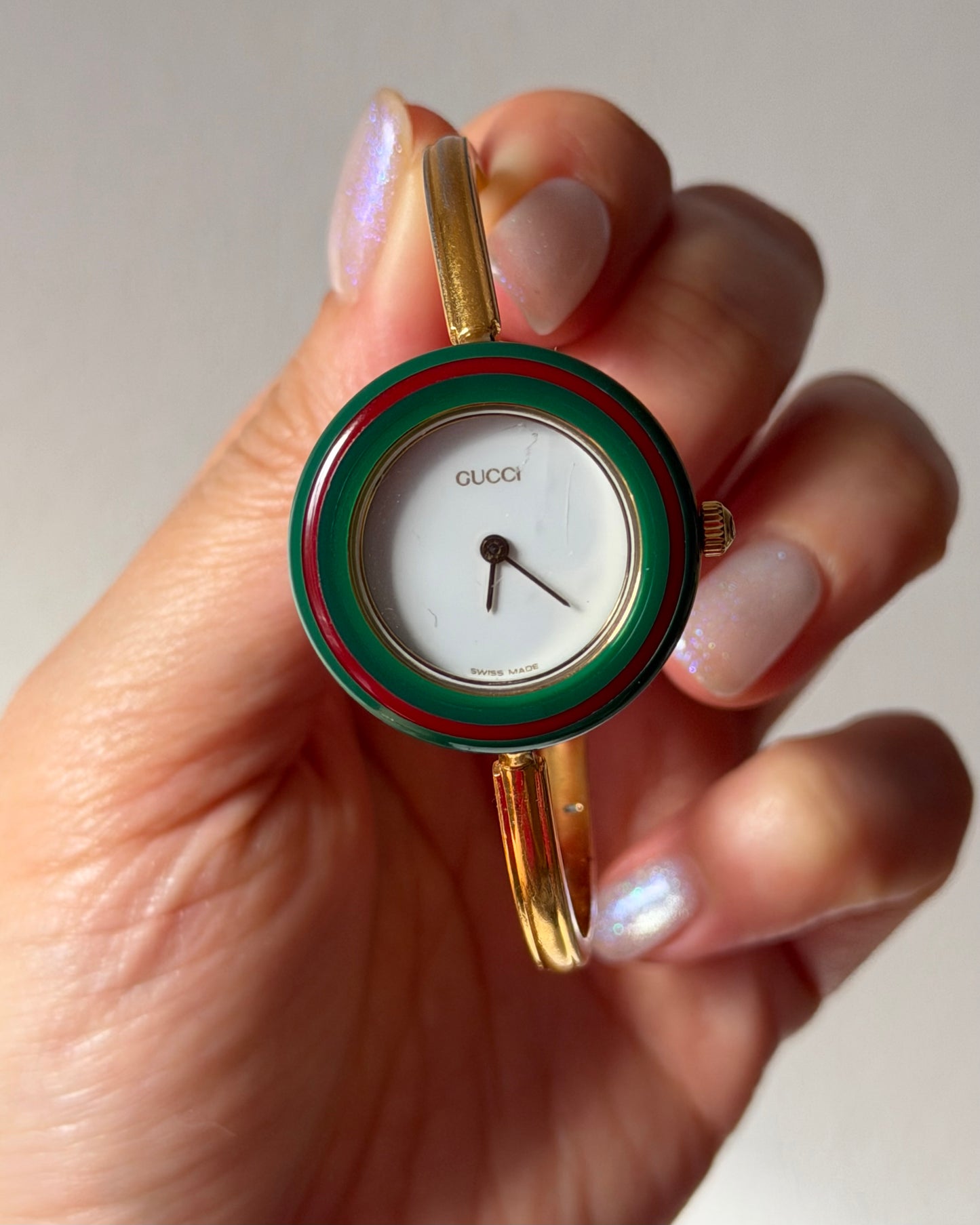Vintage Gucci Gold Plated Stainless Steel Interchangeable Bezel Bangle Watch- Box and Papers