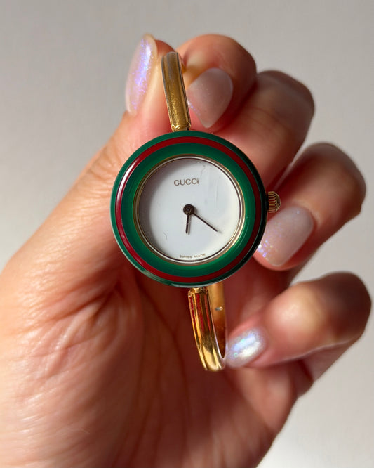 Vintage Gucci Gold Plated Stainless Steel Interchangeable Bezel Bangle Watch- Box and Papers
