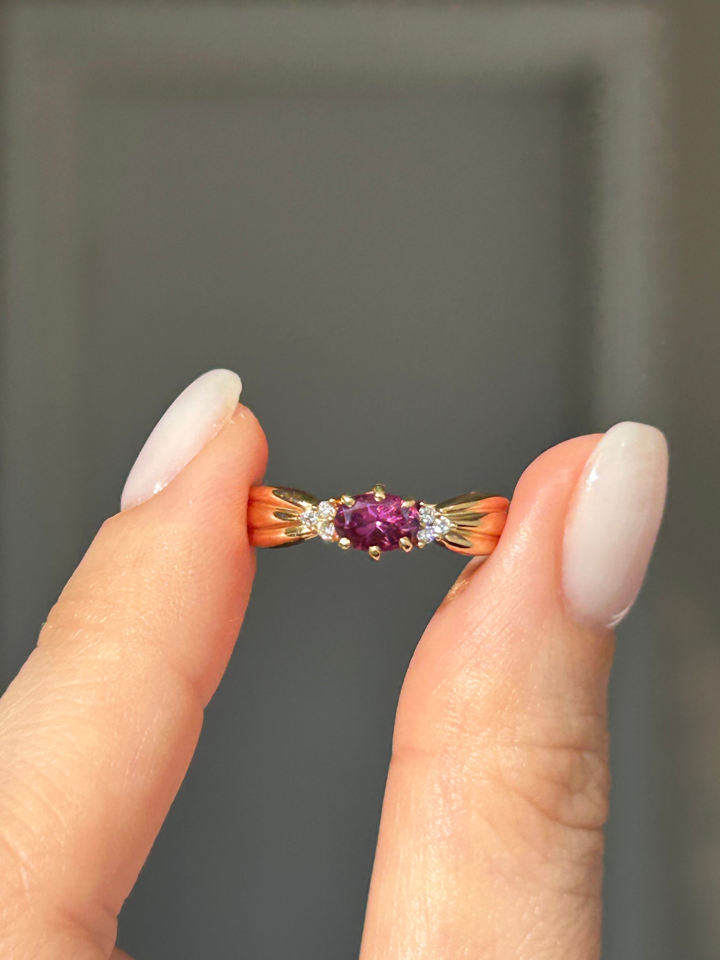 Vintage 18k Gold Rhodolite Garnet Ring with Diamond Accents, by Japanese designer Tasaki