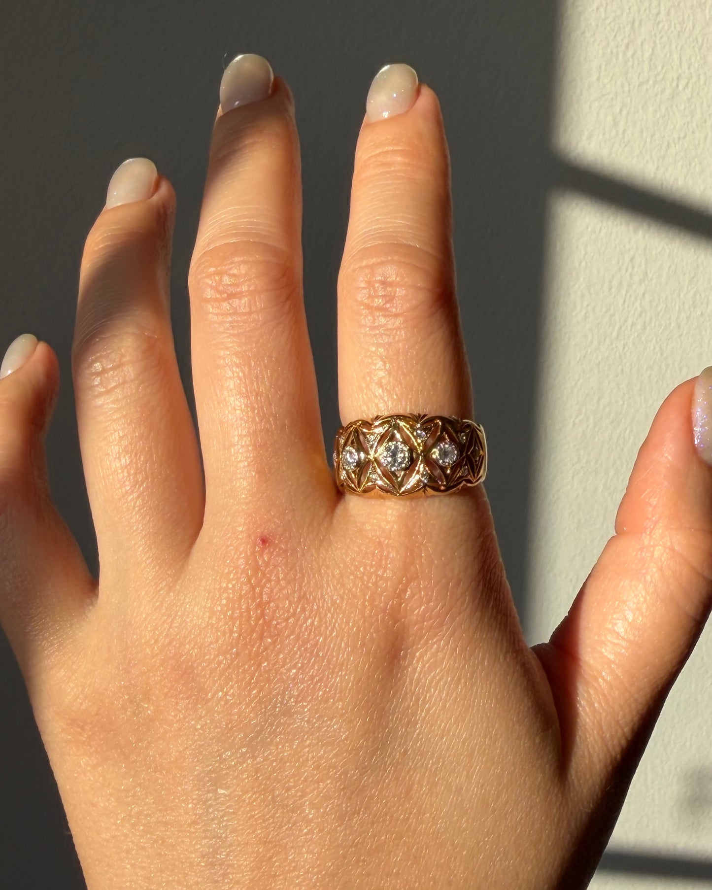 Vintage 18k Gold Open-Work Milgrain Detail Bezel Set Diamond Dome Bombe Ring