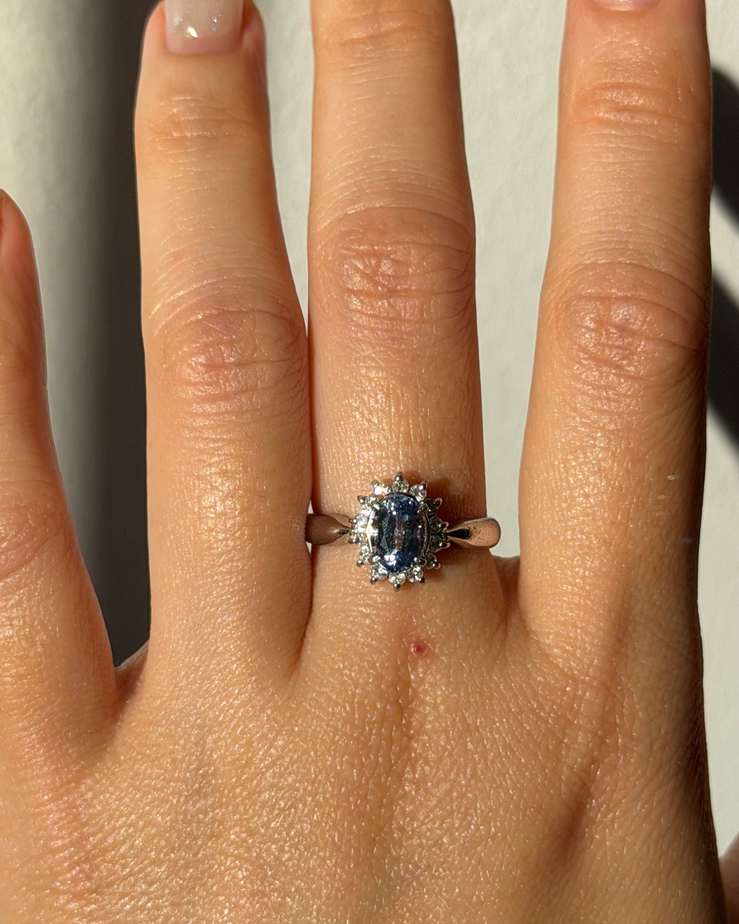 Vintage Platinum Icy Light Blue Oval Sapphire With Diamond Halo Ring
