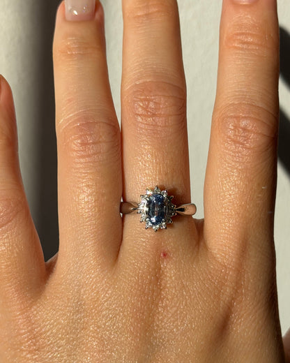 Vintage Platinum Icy Light Blue Oval Sapphire With Diamond Halo Ring