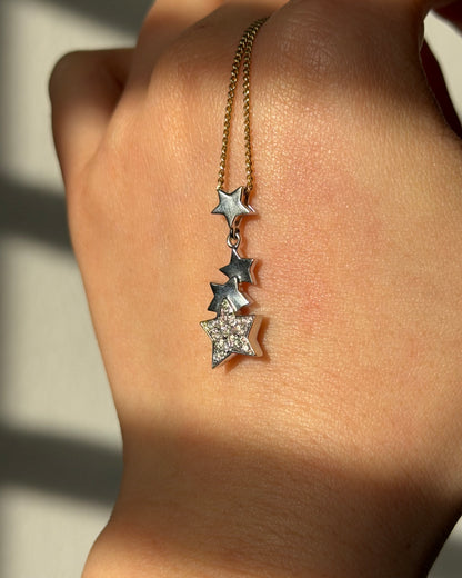 Vintage 18k White Gold Celestial Motif Star Drop Diamond Pave Pendant