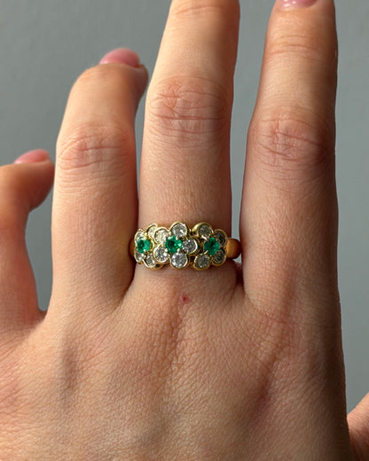 Vintage 18k Gold Emerald and Diamond Three Flower Band