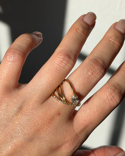 Modern Estate 18k Gold Very Light Brown Marquise Diamond Asymmetric Bypass Ring