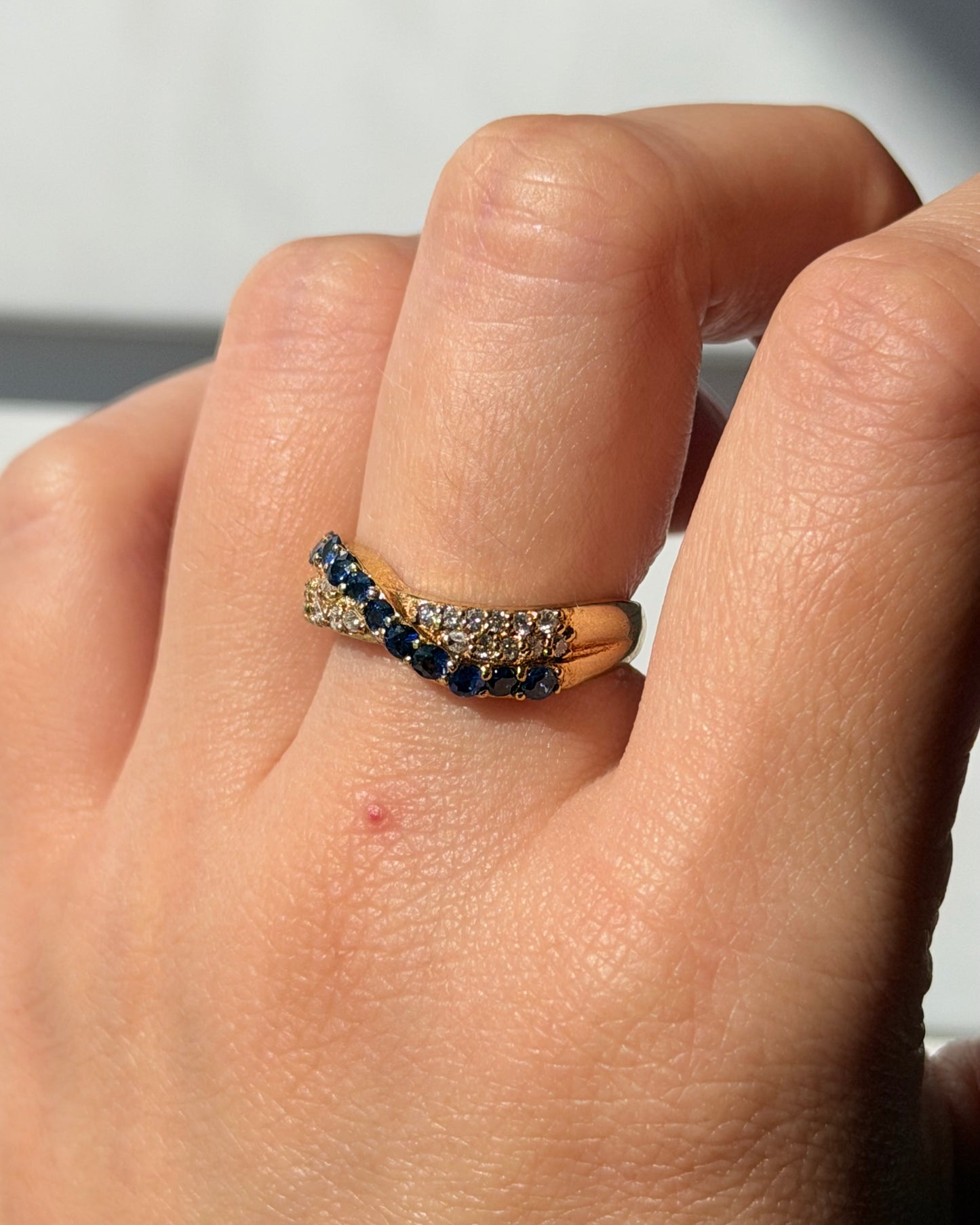 Vintage 18k Gold Pave Sapphire and Diamond Crossover Dome Ring