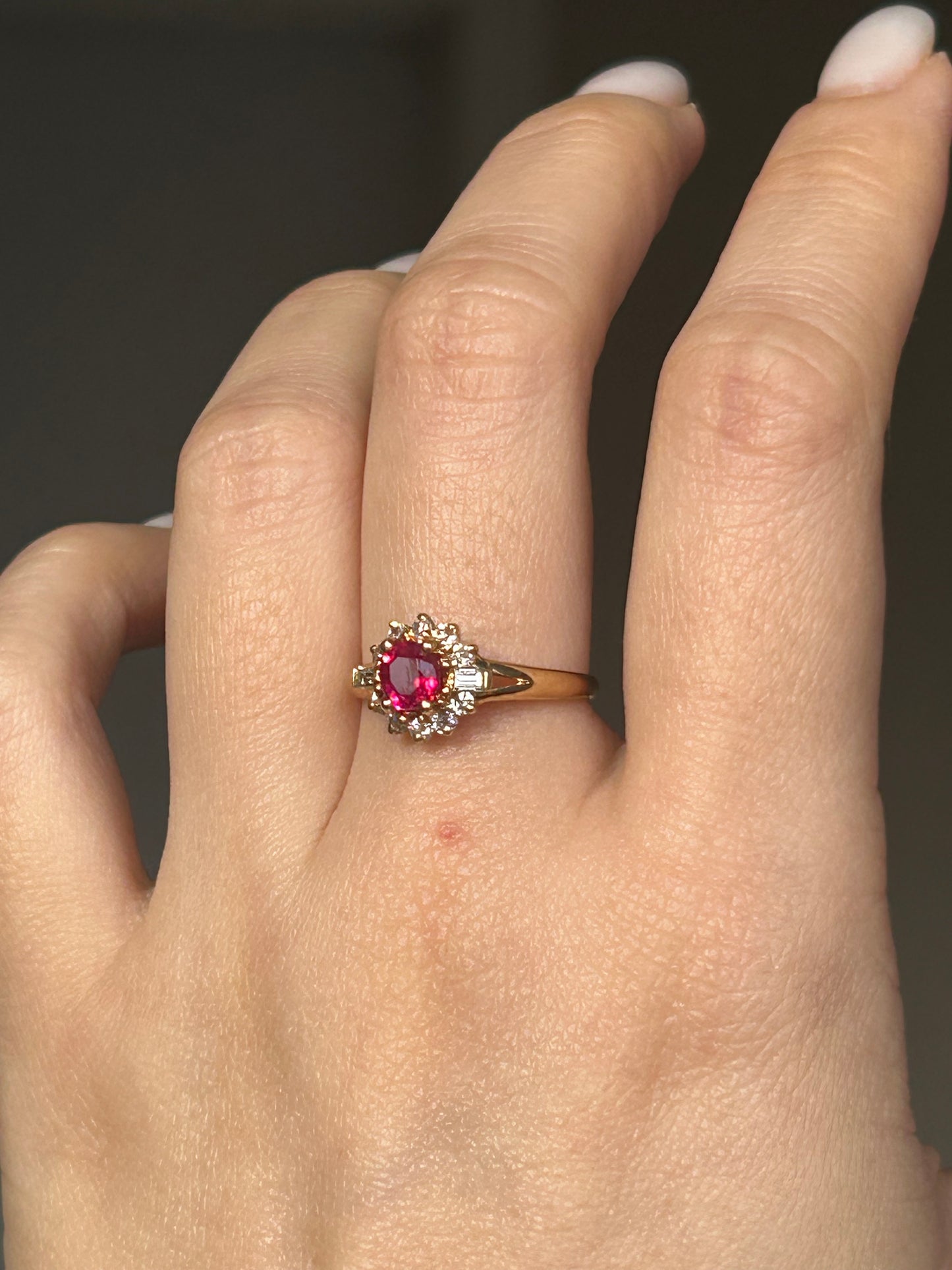 Vintage 18k Gold Center Ruby Diamond Halo Ring