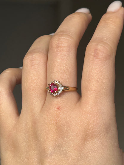 Vintage 18k Gold Center Ruby Diamond Halo Ring