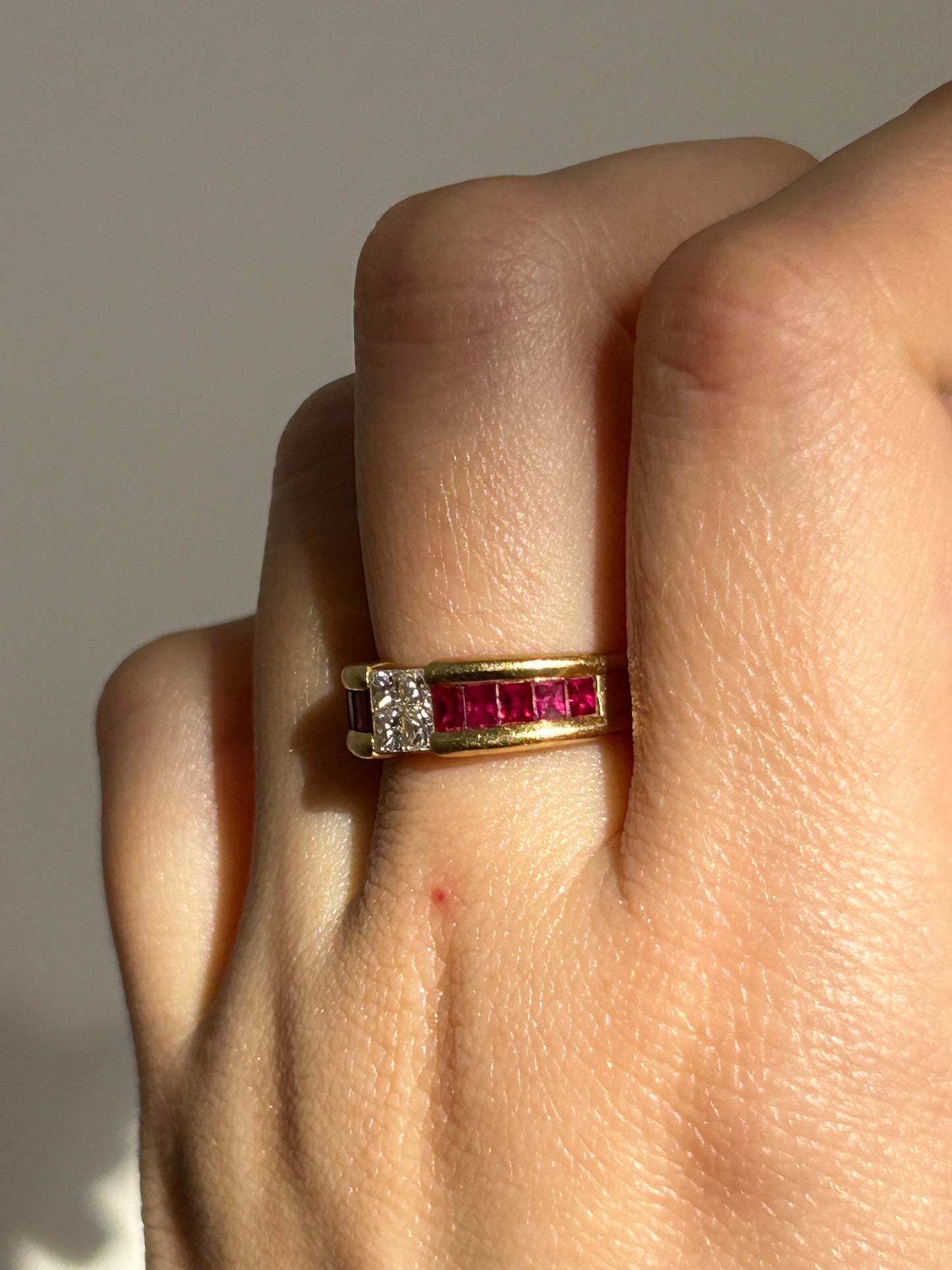 Vintage 18k Gold Center Princess Cut Diamond Ring with Channel Set Baguette Rubies