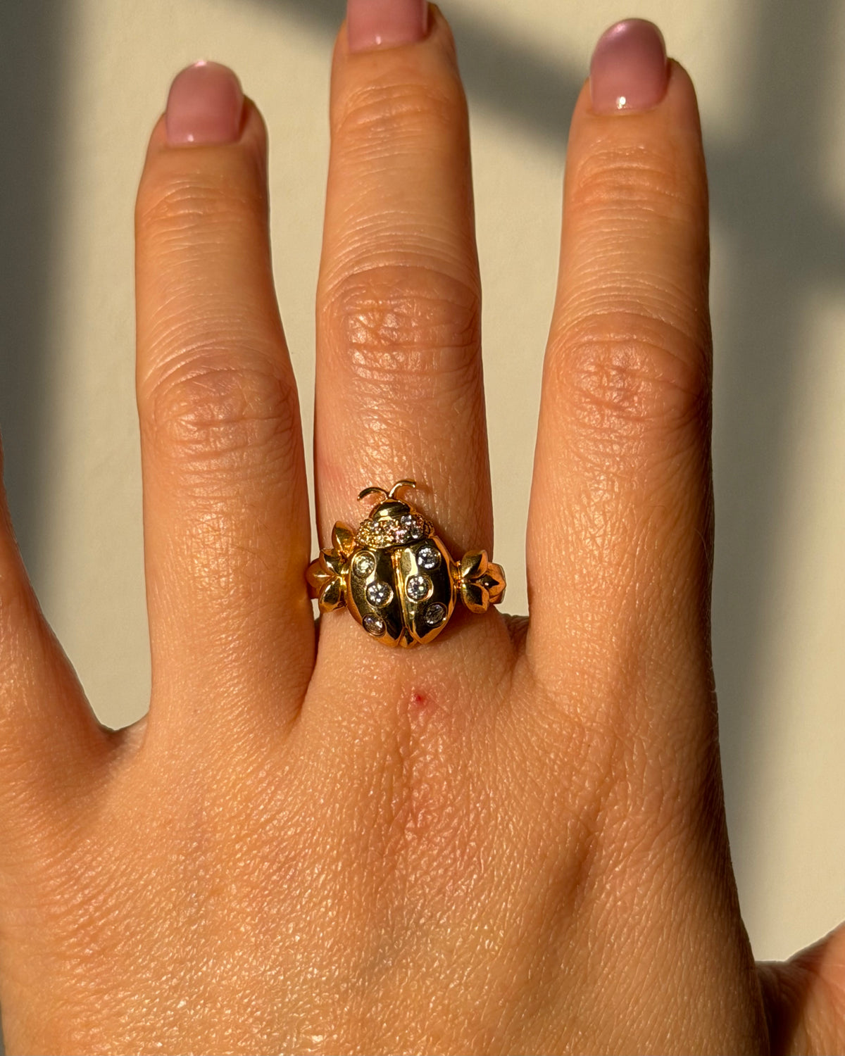Vintage 18k Gold Flush Set Diamond Lady Bug Ring