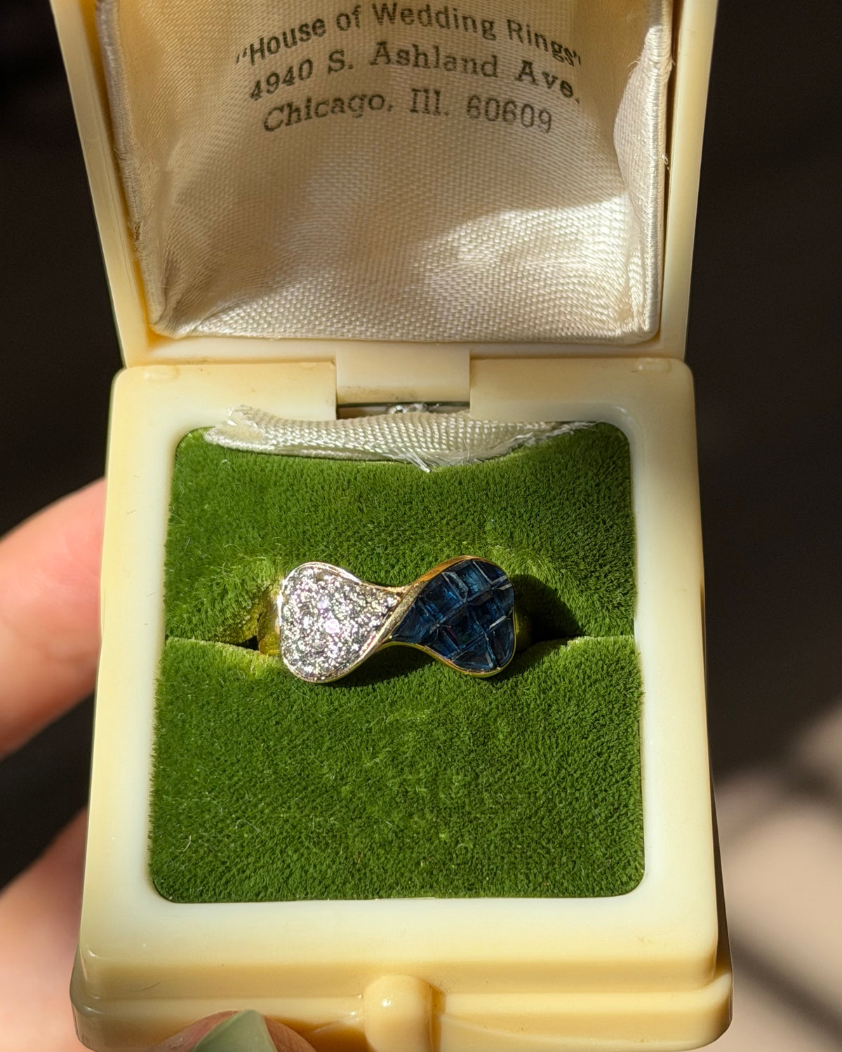 Vintage 18k Gold Invisible Set Sapphire and Pave Diamond Half & Half Bow Ring