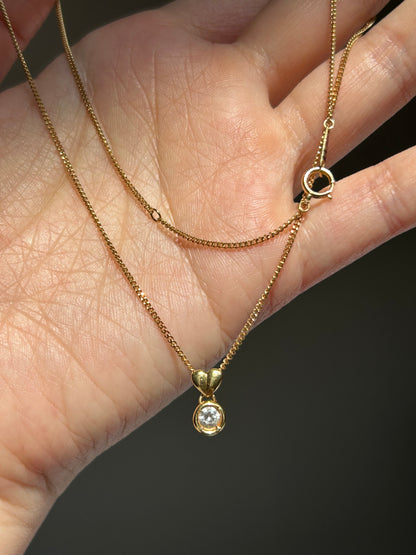 Vintage 18k Gold Bezel Set Diamond Necklace - Heart Bail Detail, Curb Chain