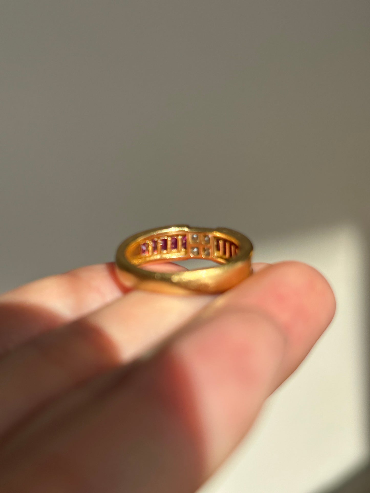 Vintage 18k Gold Center Princess Cut Diamond Ring with Channel Set Baguette Rubies