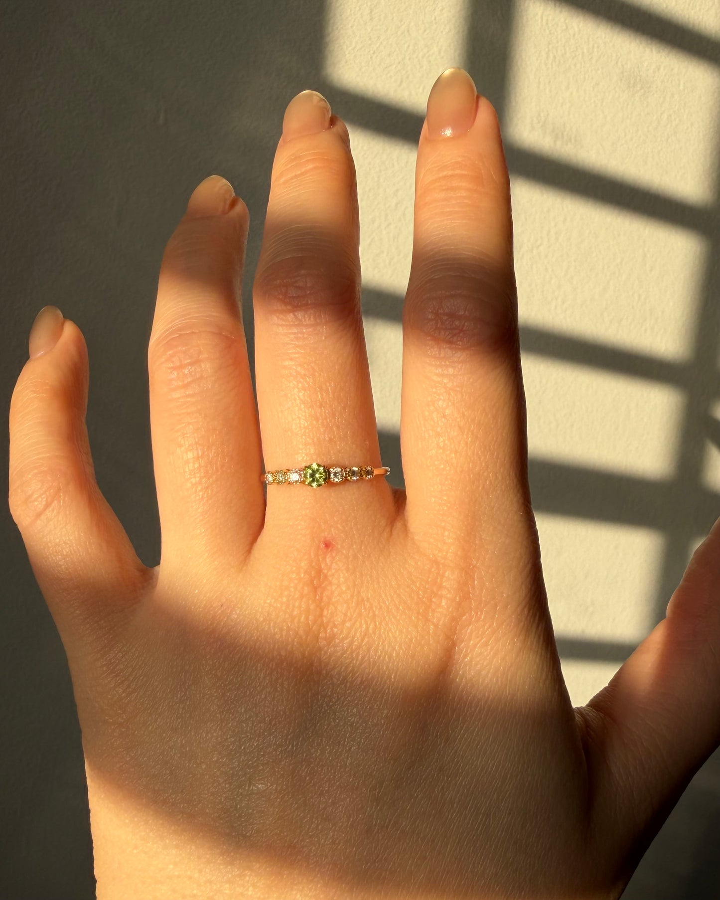 Modern Pre-loved 18k Demantoid Green Garnet and Diamond Ring - Dainty Stacking Band