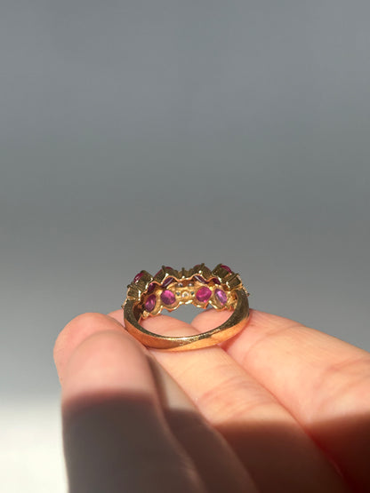 Vintage 18k Gold Double Ruby Flowers Ring: Size 6.25