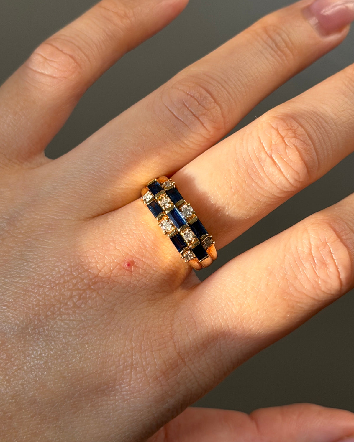 Vintage 18k Gold Baguette Sapphire and Diamond Checkered Ring