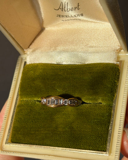 Vintage 18k Gold Scalloped Edge Channel Set Baguette and Round Diamond Ring
