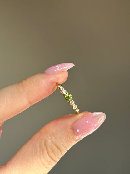 Modern Pre-loved 18k Demantoid Green Garnet and Diamond Ring - Dainty Stacking Band