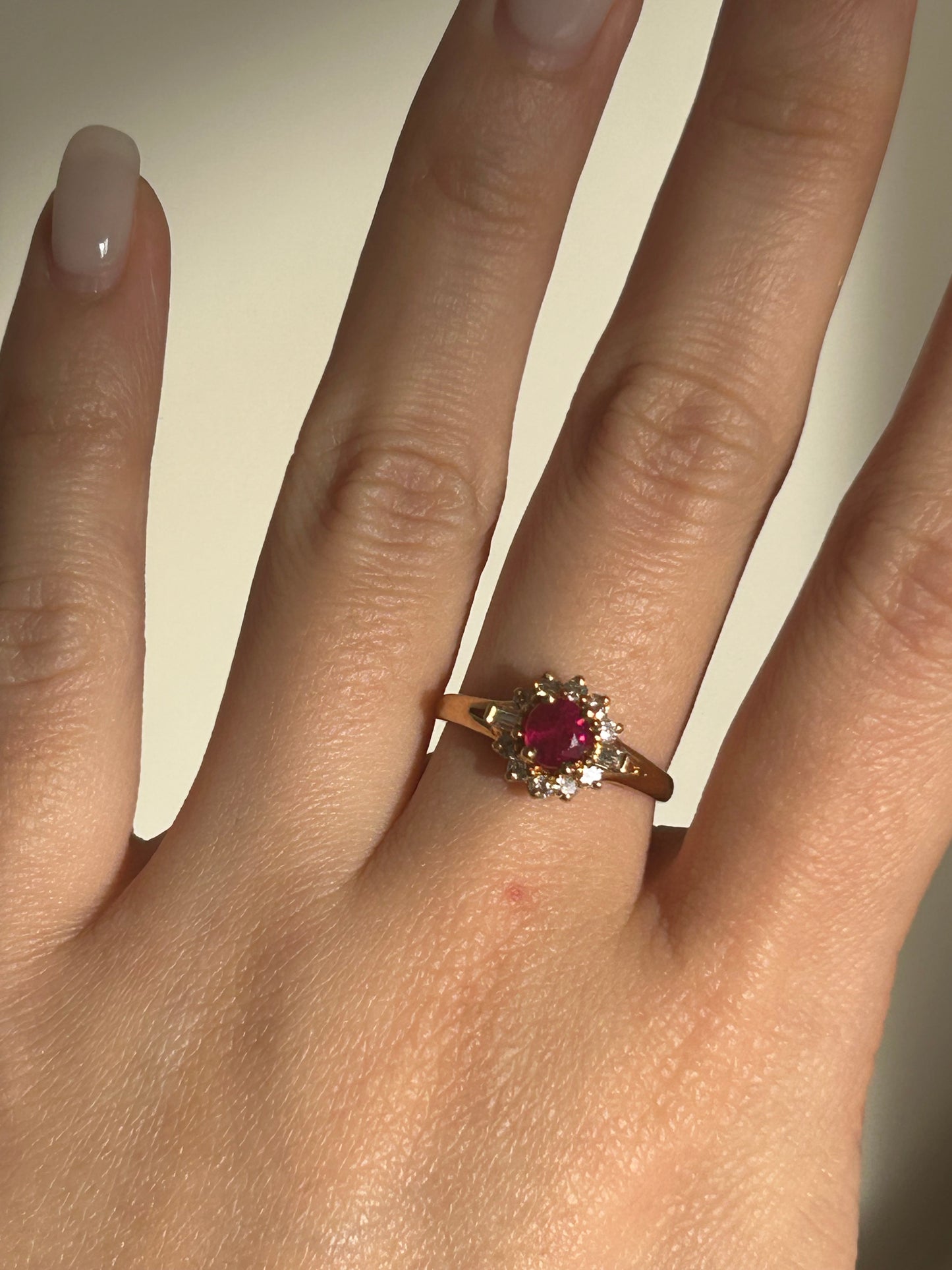 Vintage 18k Gold Center Ruby Diamond Halo Ring