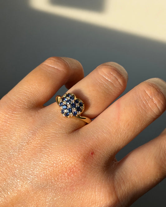 Vintage 18k Gold Blue Sapphire and Diamond Checkered Heart Ring