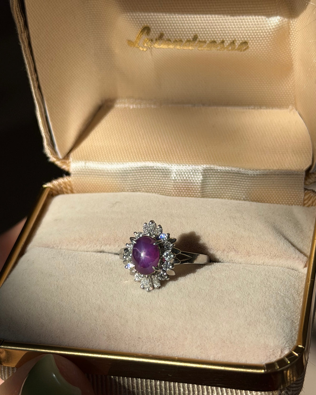 Vintage Platinum Star Sapphire Cabochon Diamond Ballerina Halo Ring