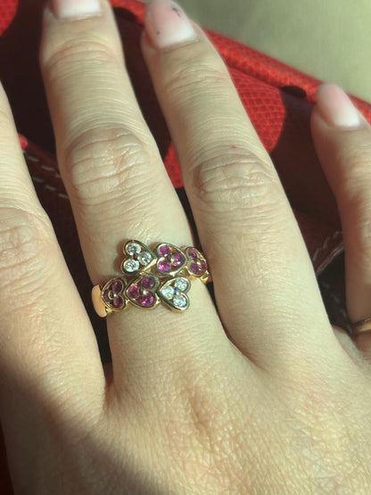Vintage 18k Heart Bypass Ring: Rubies and Diamonds, US Size 6