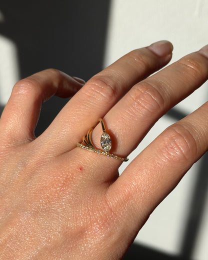 Modern Estate 18k Gold Very Light Brown Marquise Diamond Asymmetric Bypass Ring