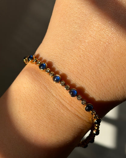 Vintage 18k Gold Bezel Set Sapphire Cabochon and Diamond Bracelet