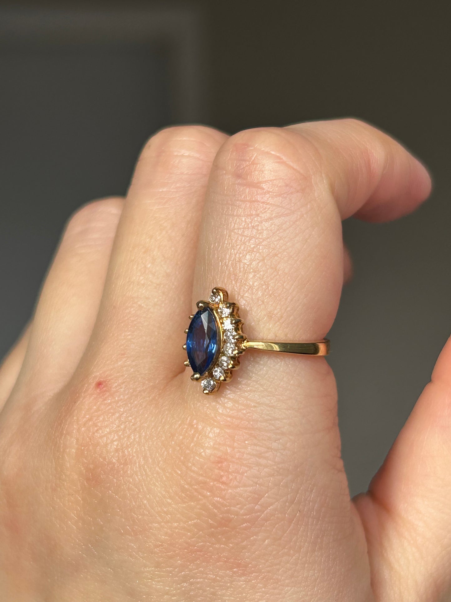 Vintage 18k Sapphire Marquise Diamond Halo Ring
