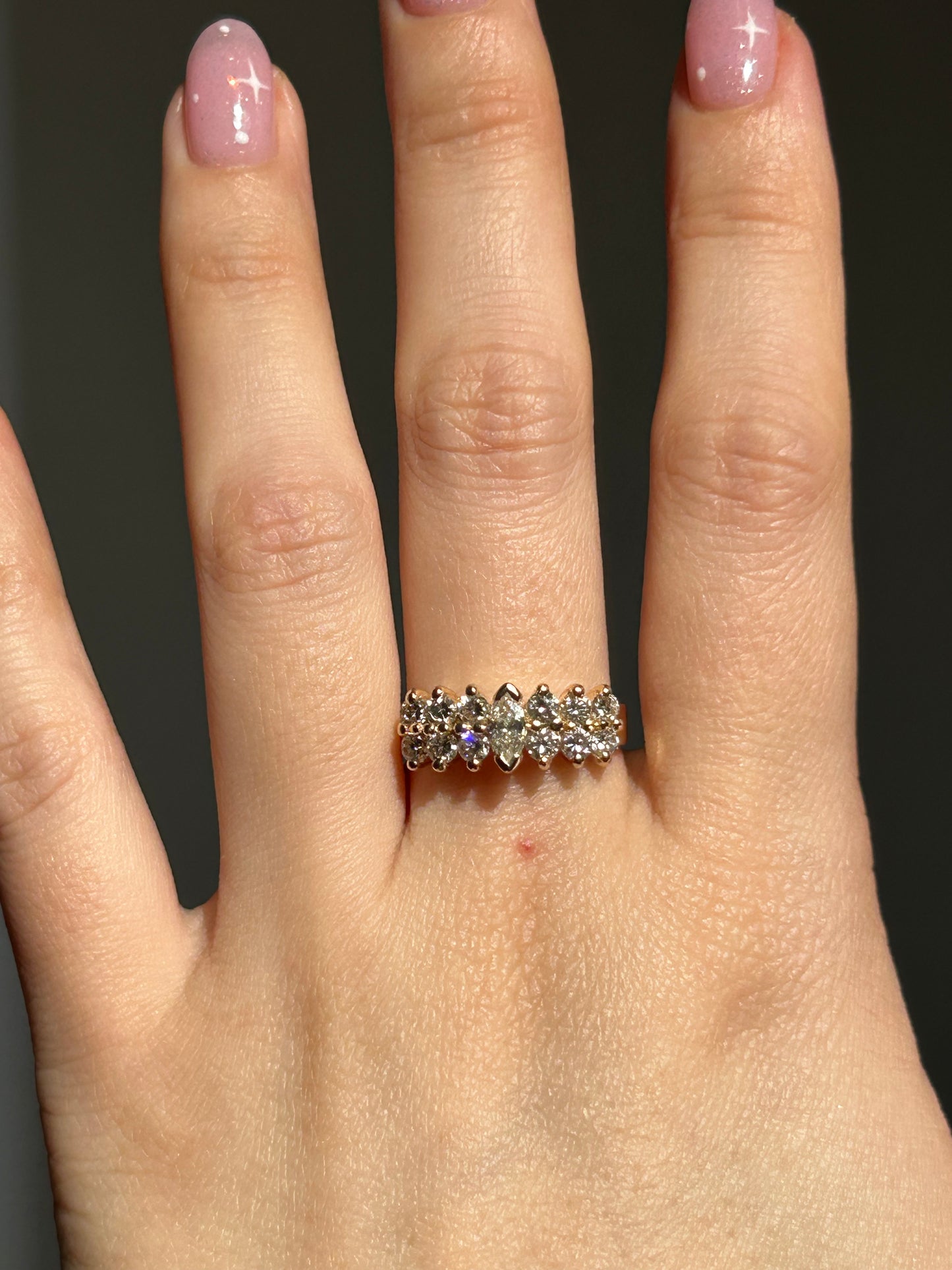 Vintage 14k Gold Center Yellow Marquise Double Row Diamond Ring
