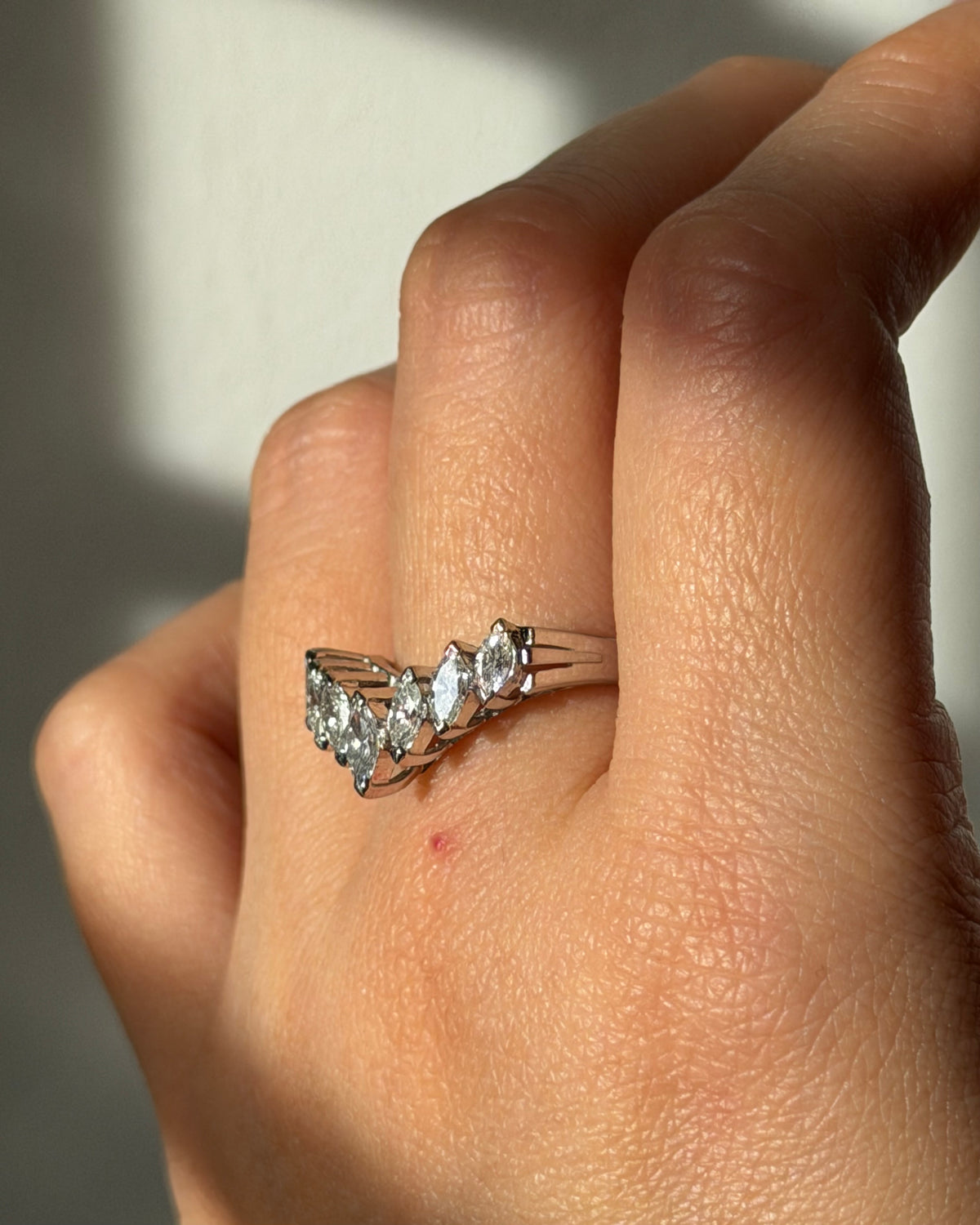 Vintage Platinum Marquise Cut Diamond Chevron V-Shaped Ring