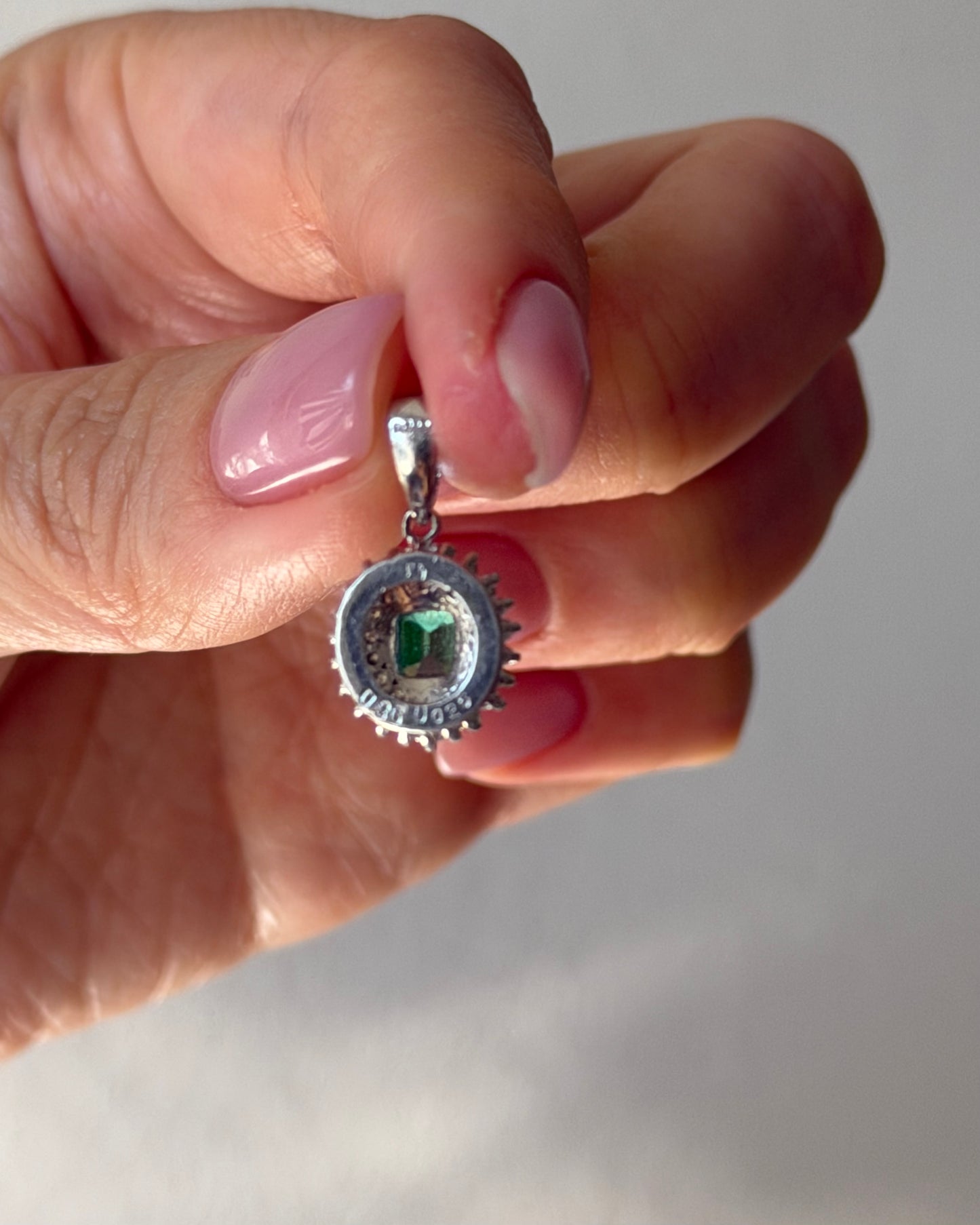 Vintage Platinum Emerald Diamond  Halo Pendant