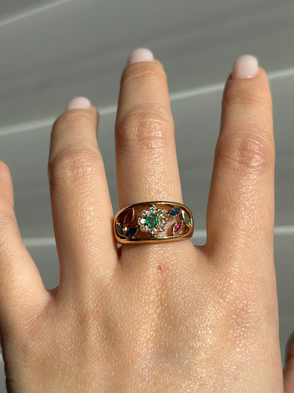 Vintage 18k Gold Givenchy Diamond and Gemstones Flower Ring
