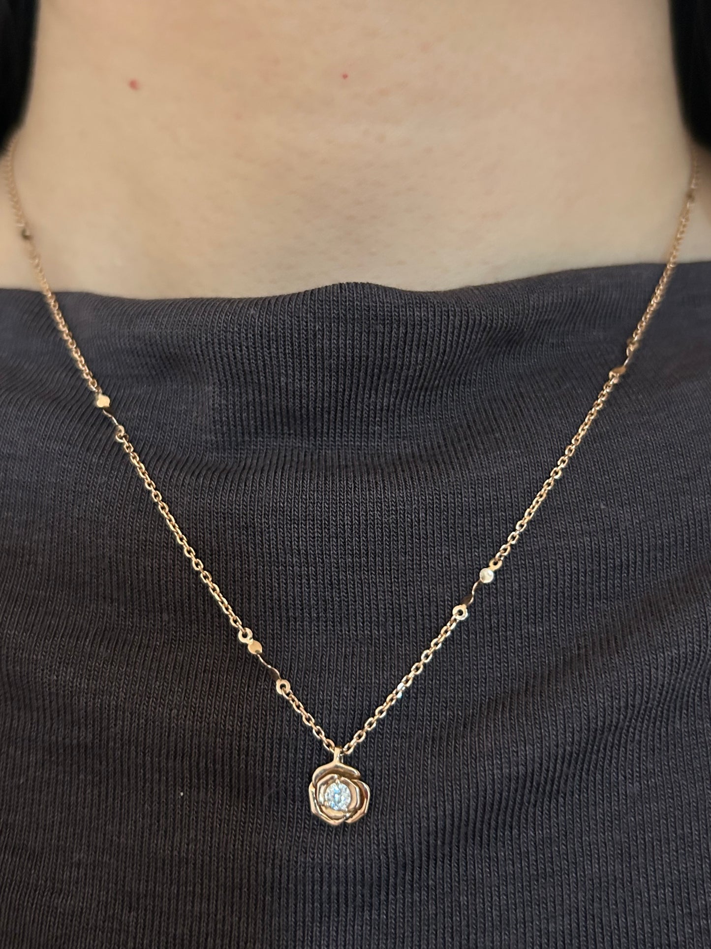 Vintage 18k Pink Gold Rose Flower Diamond Pendant Chain