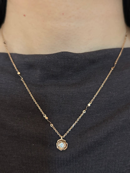 Vintage 18k Pink Gold Rose Flower Diamond Pendant Chain