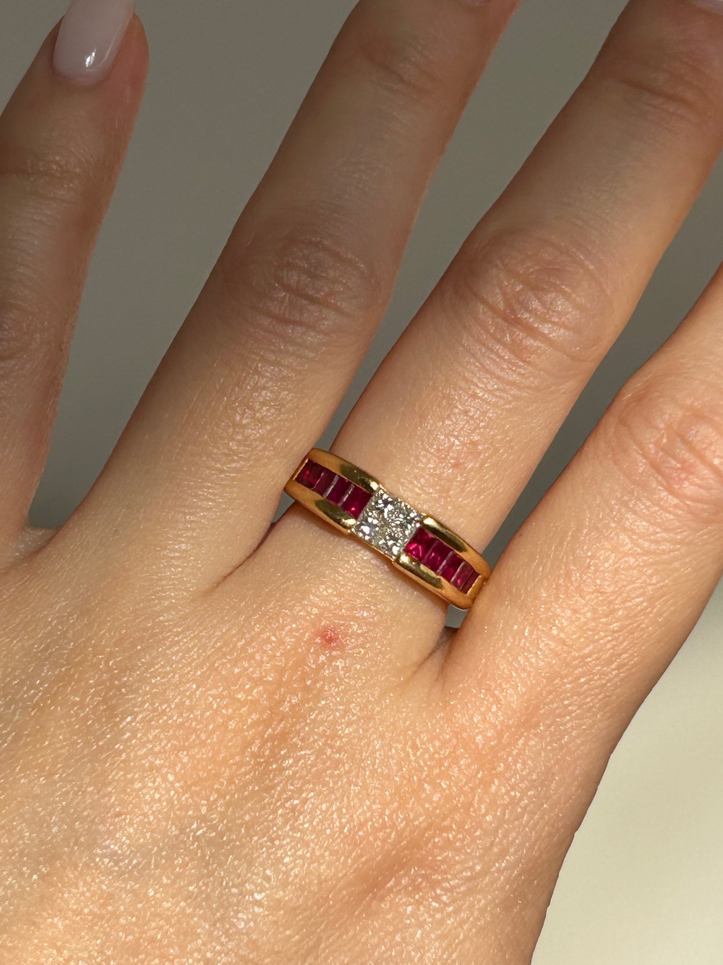 Vintage 18k Gold Center Princess Cut Diamond Ring with Channel Set Baguette Rubies