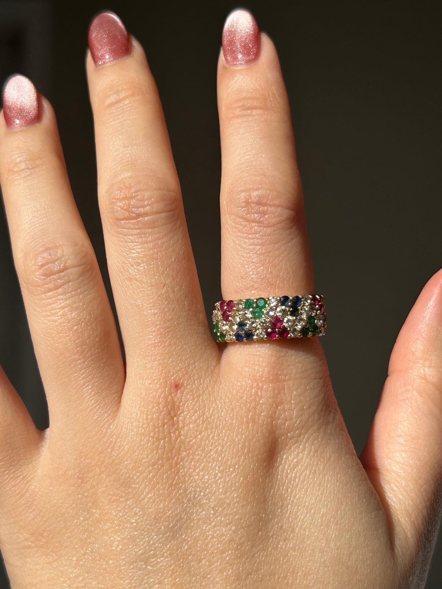 Vintage 18k Ruby Emerald Sapphire and Diamond Pave Ring