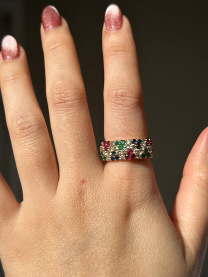 Vintage 18k Ruby Emerald Sapphire and Diamond Pave Ring