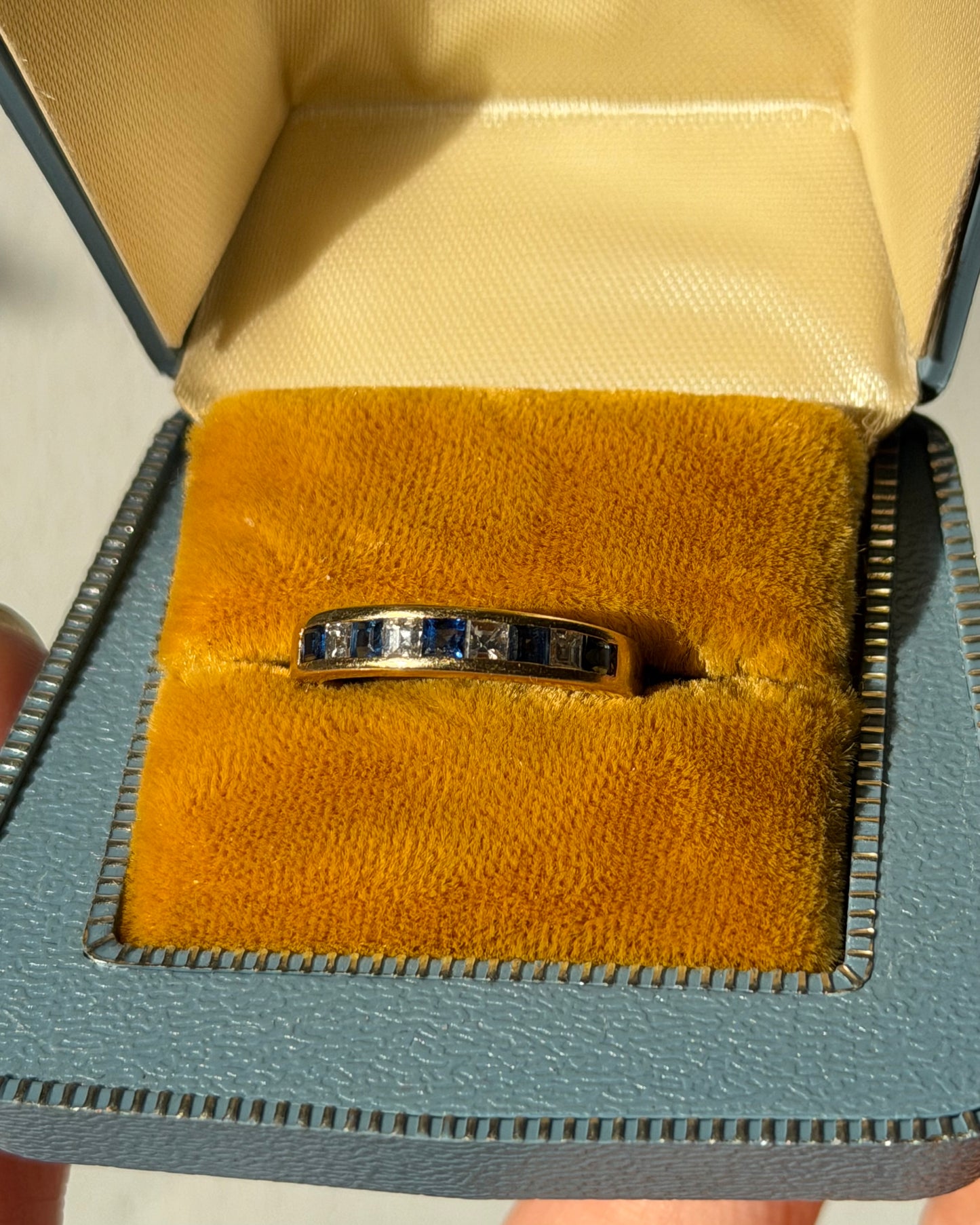 Vintage 18k Gold Step-Cut Square Diamond and Sapphire Channel Set Stackable Ring