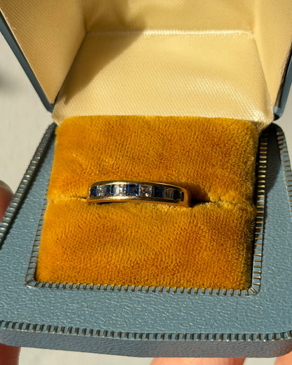 Vintage 18k Gold Step-Cut Square Diamond and Sapphire Channel Set Stackable Ring