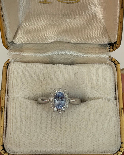 Vintage Platinum Icy Light Blue Oval Sapphire With Diamond Halo Ring